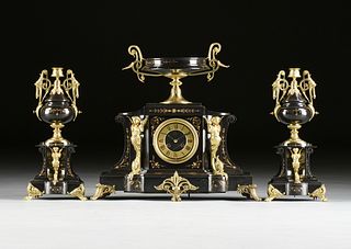 A FRENCH NEO-GREC ORMOLU MOUNTED BLACK MARBLE MANTLE CLOCK AND PAIR OF RELATED CANDLE STANDS, LONDON RETAILER, 1850-1875,  