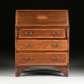 A FEDERAL MAHOGANY INLAID AND SATINWOOD CROSSBANDED SLANT FRONT DESK, LATE 18TH CENTURY,
