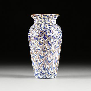 A DURAND BLUE AND WHITE WITH IRIDESCENT GOLD ART GLASS VASE, SIGNED, NUMBERED,1900,