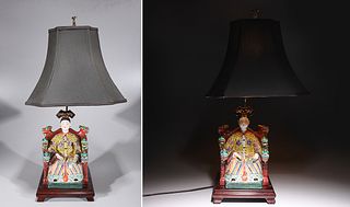 Pair of Chinese Enameled Porcelain Emperor & Empress Mounted Lamps