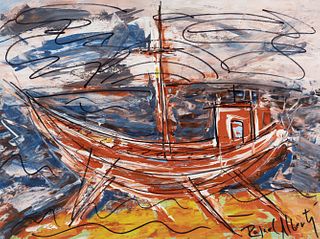 RAFAEL ALBERTI (El Puerto de Santa María, Cádiz, 1902 - 1999).
"Boat".
Mixed media on cardboard.
Signed in the lower right corner.