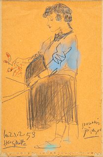 PABLO PICASSO (Malaga, 1881 - Mougins, France, 1973).
"Portrait of Huguette", 21.2.1953.
Drawing in pencil, colored pencils and pastel on notebook she