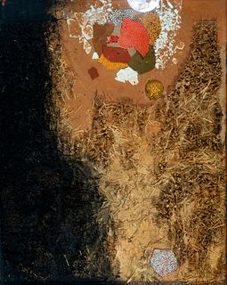 JOSEP GUINOVART BERTRAN (Barcelona, 1927 - 2007).
Untitled, 1983.
Oil and collage (egg, paper and straw) on panel.
Signed and dated in the lower left 
