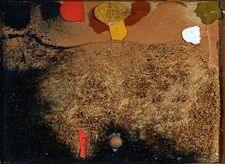 JOSEP GUINOVART BERTRAN (Barcelona, 1927 - 2007).
Untitled, 1983.
Oil and collage (egg, paper and straw) on panel.
Signed and dated in the lower right