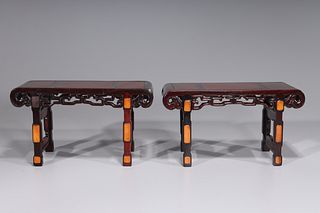 Pair Chinese Carved Hardwood Miniature Altar Tables