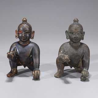 Two Antique Indian Bronze Crawling Shiva Statues