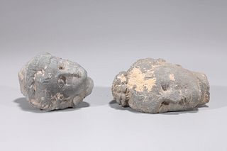 Two Large Gandharan Schist Heads