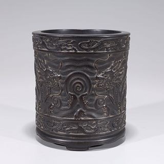 Chinese Carved Hardwood Dragon Brush Pot