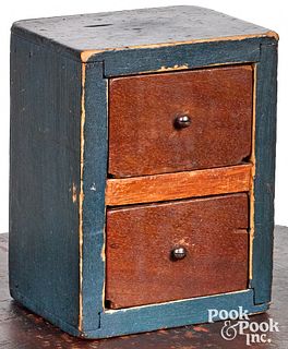Miniature painted pine two-drawer sewing box