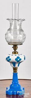 White cut to blue overlay glass fluid lamp