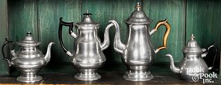 Four American pewter tea and coffee pots, 19th c.
