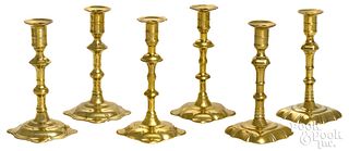 Three pairs of Queen Anne brass candlesticks
