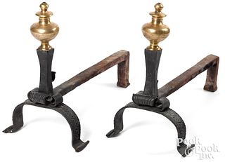 Pair of iron and brass andirons, 17th c.
