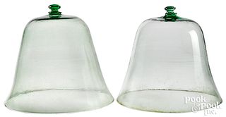 Two pale green aqua glass bell jars