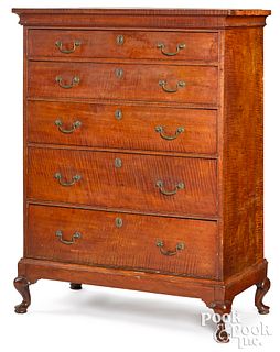 New England Queen Ann tiger maple chest on frame