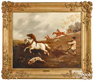 English oil on canvas fox hunting scene