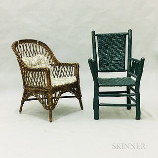 Green-painted Adirondack Armchair and Wicker Armchair