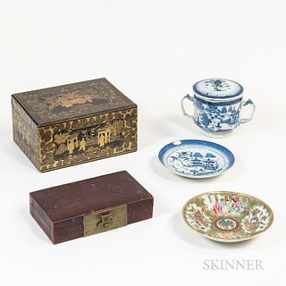 Five Chinese Export Lacquer and Porcelain Items