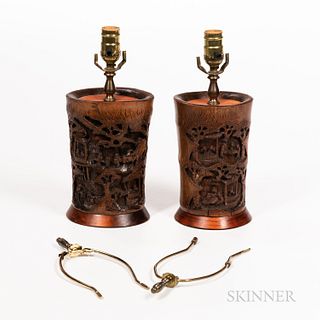 Pair of Carved Bamboo Brush Pot Lamps