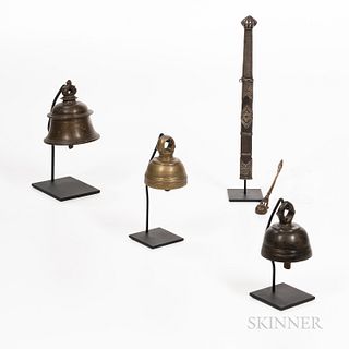 Three Brass Temple Bells on Stands, a Tibetan Dagger in a Scabbard, and a Metal Spoon.