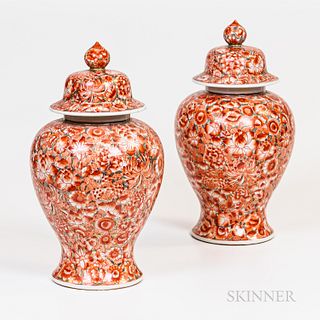 Pair of Chinese Export Porcelain Covered Coral Red Jars