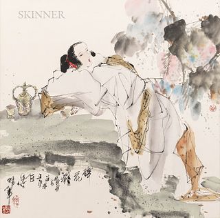 Framed Chinese Watercolor of a Woman
