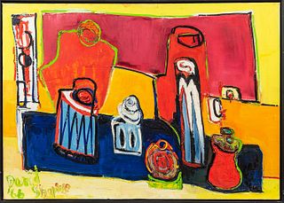 David Shapiro (American, b. 1922)

Jars and Salt Shakers. Signed "David Shapiro Lincoln MA, 1966." Oil on canvas, 31 1/4 x 43 1/2 in., framed.