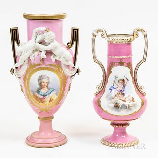 Two Pink and Gilt Portrait Urns