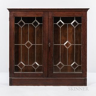 Arts and Crafts-style Oak and Leaded Glass Two-door Cabinet