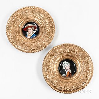 Two Continental Enameled Portrait Plates in Gilt-metal Circular Frames