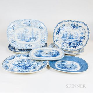 Seven Pieces of Blue and White Transfer-decorated Tableware
