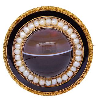 ANTIQUE VICTORIAN BANDED AGATE, PEARL AND ENAMEL BROOCH