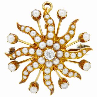 ANTIQUE VICTORIAN PEARL AND DIAMOND STAR BROOCH