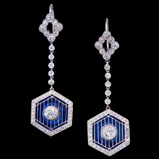 PAIR OF DIAMOND AND PLIQUE A JOUR DROP EARRINGS