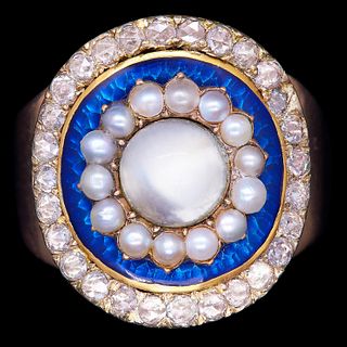 ANTIQUE VICTORIAN MOONSTONE ENAMEL PEARL AND DIAMOND RING