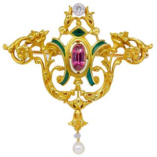 ANTIQUE ENAMEL, SPINEL, DIAMOND AND PEARL BROOCH