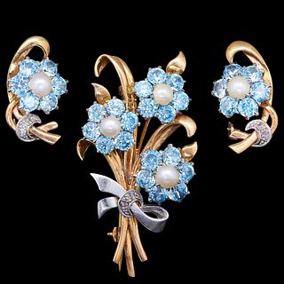 BLUE ZIRCON DIAMOND AND PEARL FLORAL BROOCH AND PAIR OF EARRINGS