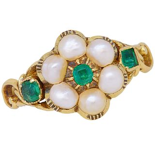 ANTIQUE EMERALD AND PEARL CLUSTER RING