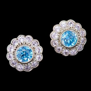 PAIR OF BLUE ZIRCON AND WHITE SAPPHIRE CLUSTER EARSTUDS