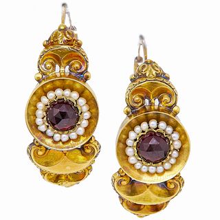 ANTIQUE PAIR OF GARNET AND PEARL POISSARDE EARRINGS