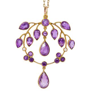 ANTIQUE AMETHYST AND PEARL DROP PENDANT NECKLACE