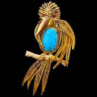 TURQUOISE AND RUBY BIRD BROOCH