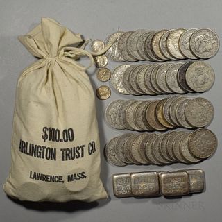 Group of Silver Dollars, Halves, Dimes, and Five 2 oz. Bullion Pieces