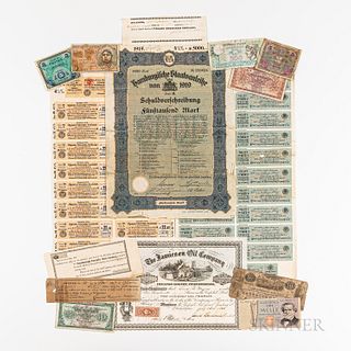 Three German Bond Sheets/Documents, Jamieson Oil Co. Stock Certificate, Four 19th Century U.S. Notes, and Seven 20th Century European Currency Notes