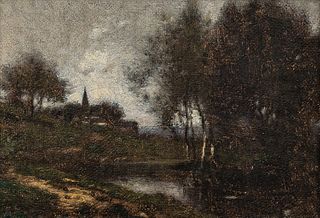 Alfred Cornelius Howland (American, 1838-1909) Pastoral Landscape with Stream and Distant Spire