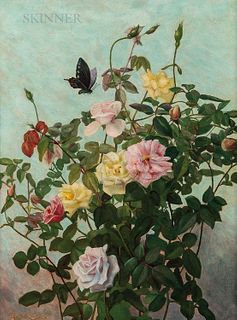 George Cochran Lambdin (American, 1830-1896) Roses and Butterfly Against a Blue Background