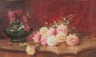 Alice Grey Hobbs Bolton Coutts (American, 1879-1973) Tabletop Still Life with Roses and a Green Vase