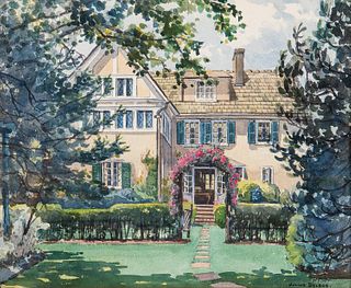 Julius Delbos (American, 1879-1970) Country Estate with Rose-covered Walkway