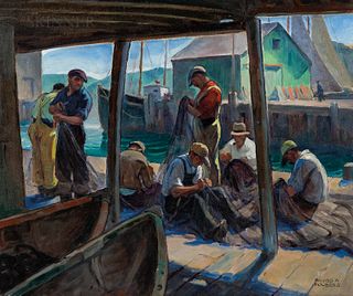 Richard A. Holberg (American, 1889-1942) Mending Nets on the Wharf