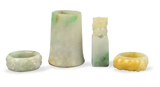 4 Chinese Jadeite, Rings, Stamp, Pipe End, Qing D.